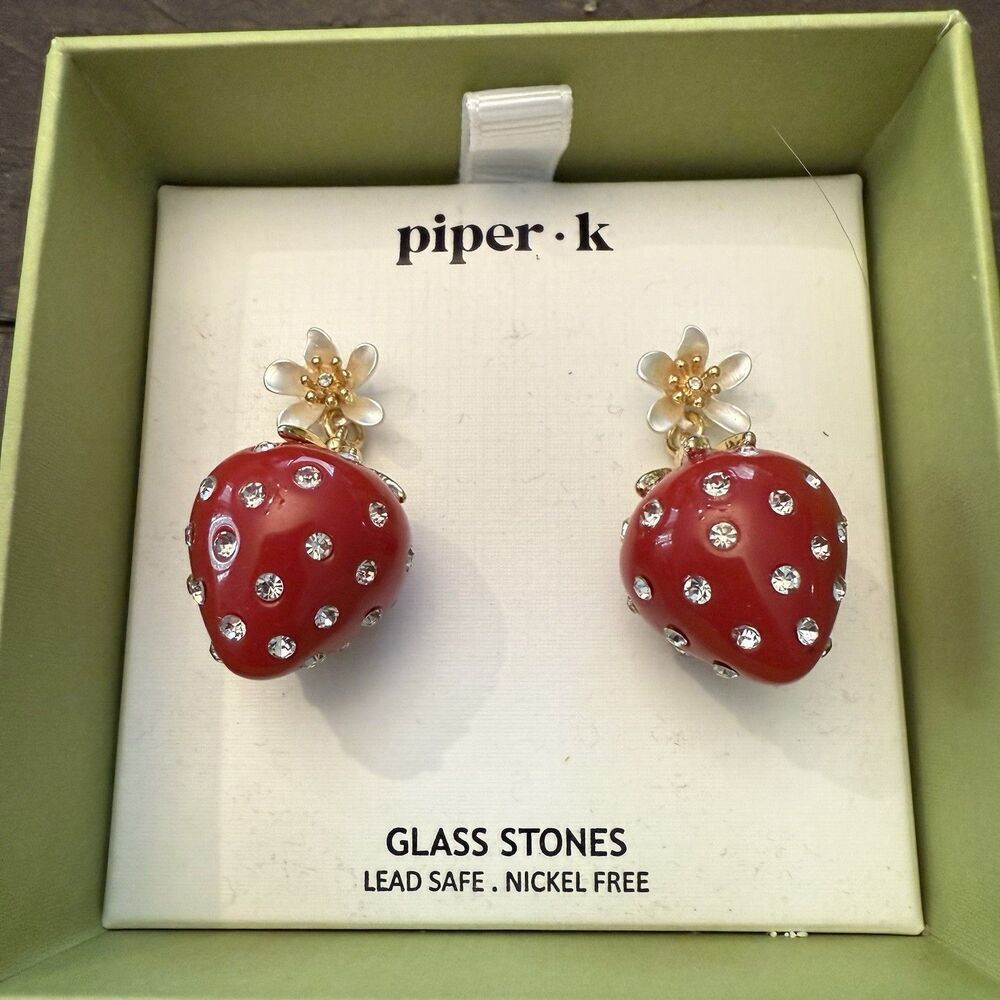 Piper K Strawberry Dangle Earrings Gold tone Glass Stones Fruit Gift Box New